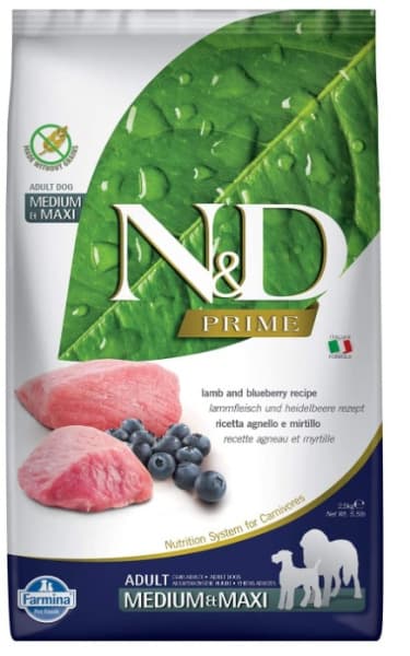 Сбалансированный корм для собак Сухой корм для собак Farmina N&D GF Prime Adult Medium & Maxi (ягнёнок, черника)