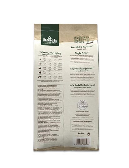 Питание для собак породы Мини Сухой корм для собак Bosch Soft Mini (перепелка с картофелем)