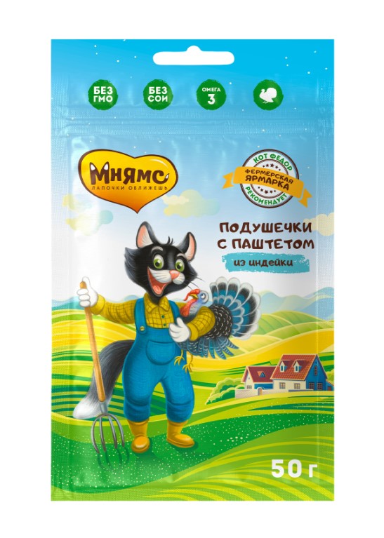 Лакомство Мнямс для кошек «хрустящие подушечки» с паштетом из индейки линии Кот Федор