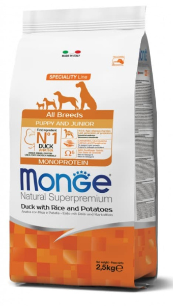 Каталог Сухой корм для щенков Monge Monoprotein All Breeds Puppy & Junior (утка, рис, картофель) для собак